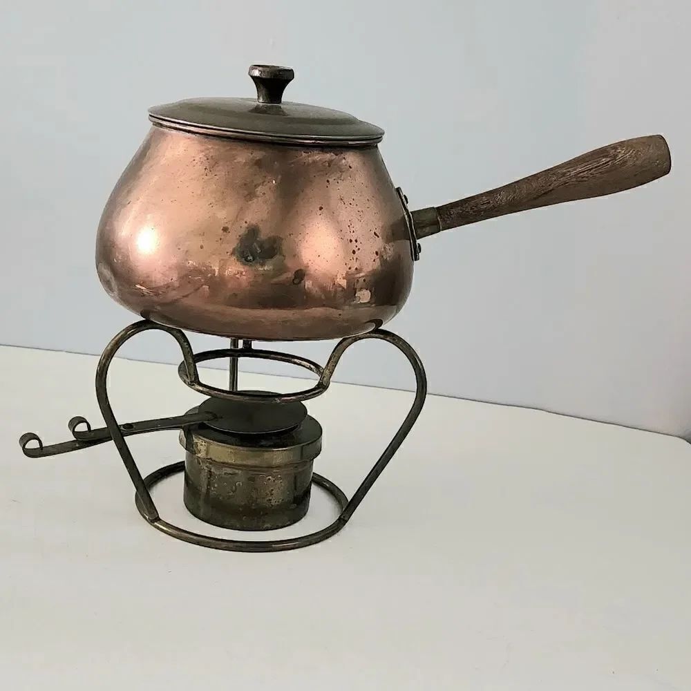 Vintage Solid Copper Fondue Pot Antique wooden handle two tone metal